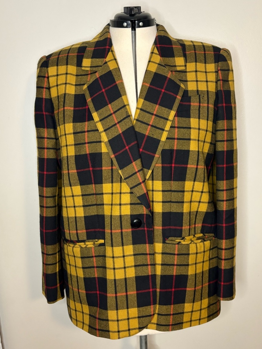 Wool Yellow Plaid Tailored Blazer Jacket - Classic Notch Lapel - Picture 2 of 6